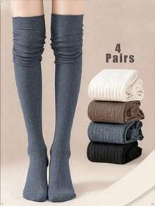 Women's Ribbed Elastic Over-The-Knee Socks, 4 Pairs, 4 Colors, Casual Everyday Knit Socks - Multicolor - View 11