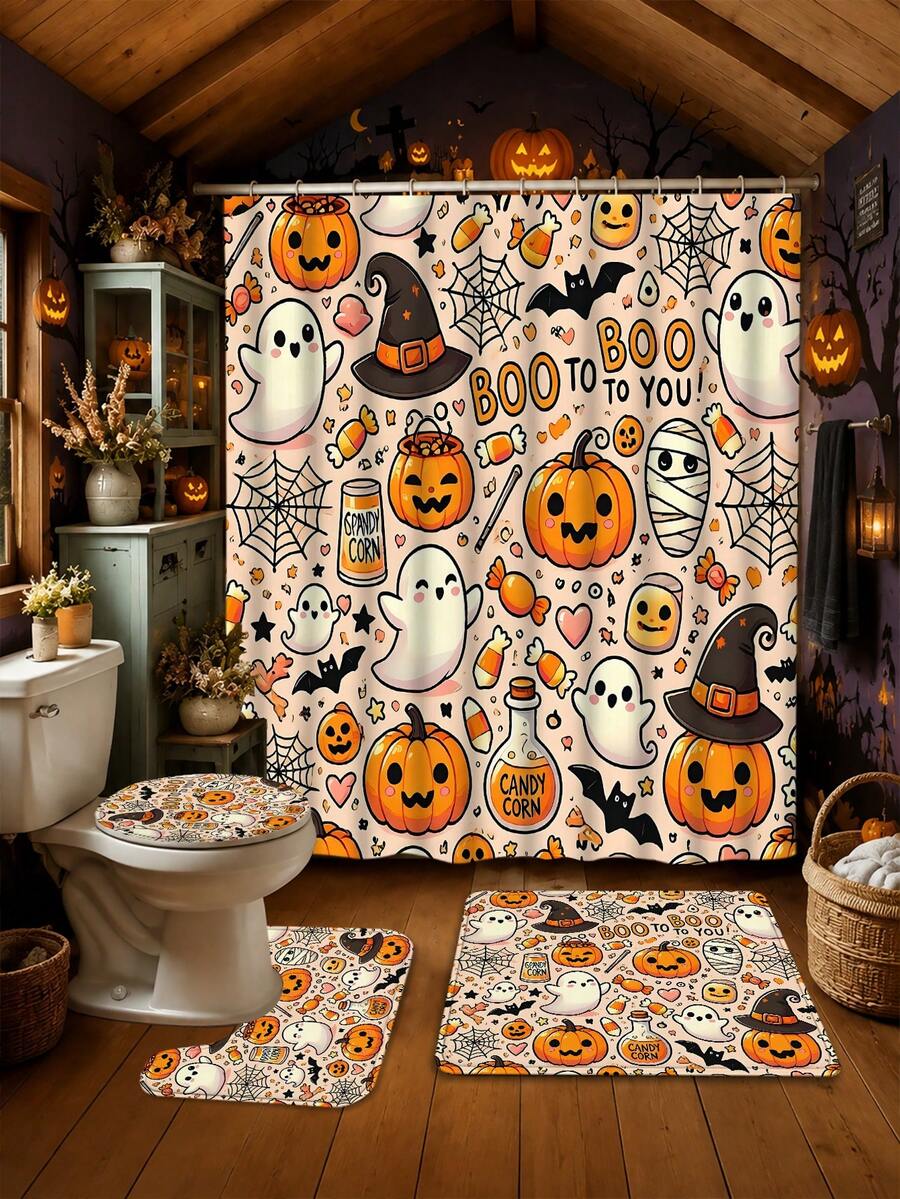 4-Piece Kids' American Cartoon Halloween Bathroom Set, Waterproof, Moisture-Proof, Mildew-Resistant, Semi-Transparent Shower Curtain With Cute Ghost, Pumpkin, Witch Hat, Mummy And Candy Patterns, U-Shaped Non-Slip Bath Mat, Toilet Mat, Home Bathroom Decor