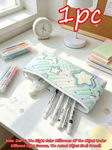 1pc Star & Butterfly Pattern Quilted Pencil Case, Zippered Stationery Storage Bag, Cute Student Pencil Pouch, Portable Cosmetic Organizer, Back To School Essential, Suitable For Girls And Teens Daily Storage, Perfect As A Gift - Little Star Butterfly Pencil Case - View 9