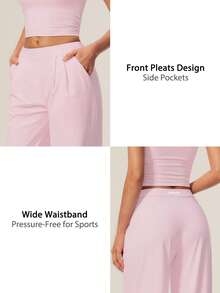 TimeOff Women's 1pc Solid Color Autumn/Winter Pleated Front Side Pocket Straight Leg Wide Leg Pants - Pink - View 4