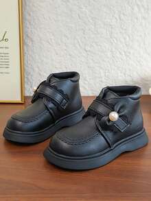 Girls' Autumn/Winter Princess Ankle Boots 2026 New Lace Bow Magic Tape Leather Boots Children's Soft Sole Versatile Boots - Black - View 3