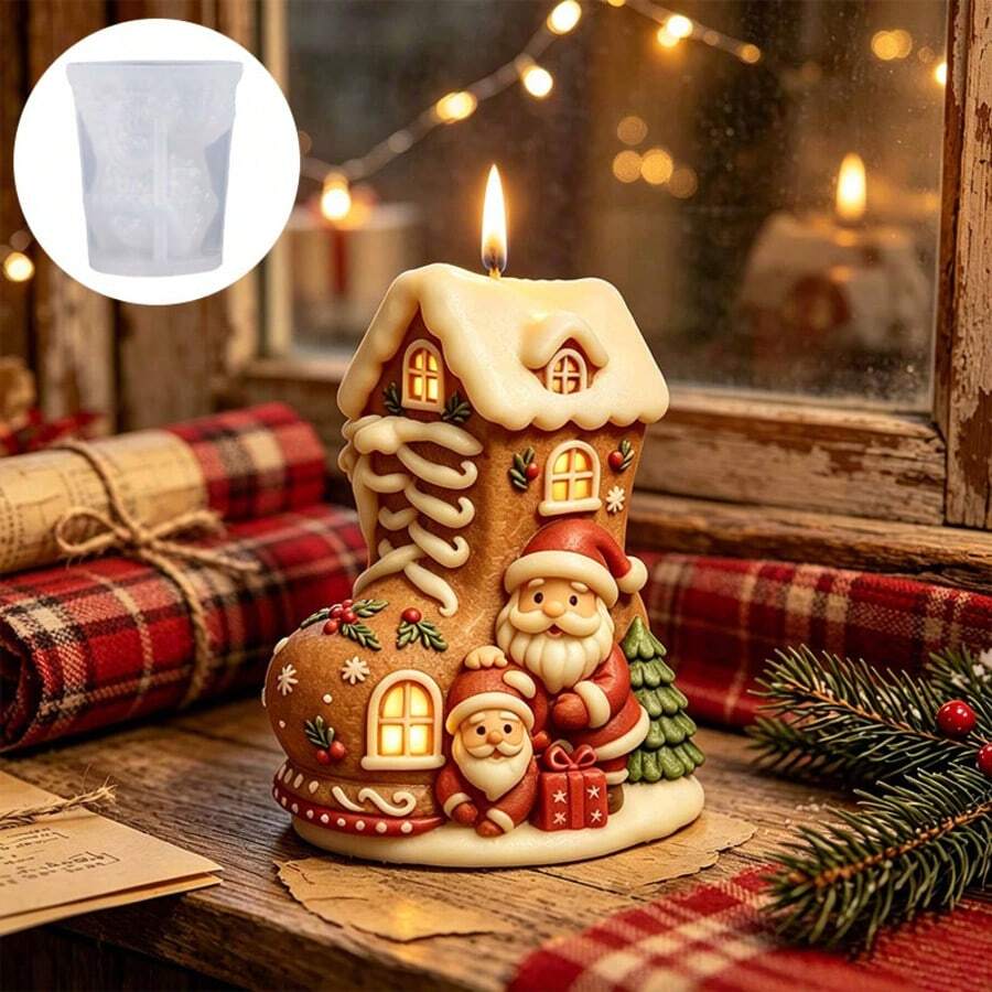 1 Pc Boot-Shaped Christmas House Silicone Mold-Creative For Making Soaps And Scented Candles; Easy To Clean And Reusable; Suitable For Resin, Plaster, And Cement Decorations-Perfect For Christmas And Halloween Crafts - Multi-color - View 1