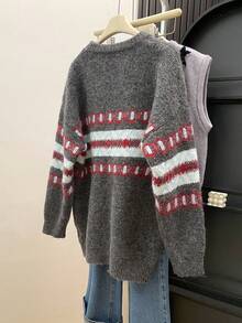 Women's Round Neck Jacquard Knit Sweater, Soft Long Sleeve Top, Suitable For Christmas, Halloween, Thanksgiving And Daily Wear - Grey - View 7