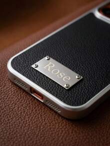 Custom Name Laser Engraved Metal Nameplate Phone Case, Compatible With IPhone 15 16 17 18 Pro Max, Silver Electroplated Frame, Large Camera Opening, Faux Leather Litchi Texture, Full Coverage Protective Phone Case, Luxury Personalized Gift, Suitable For Women And Girls, Daily Commute, Office, Date, Party, Birthday Surprise Gift - Black - View 6