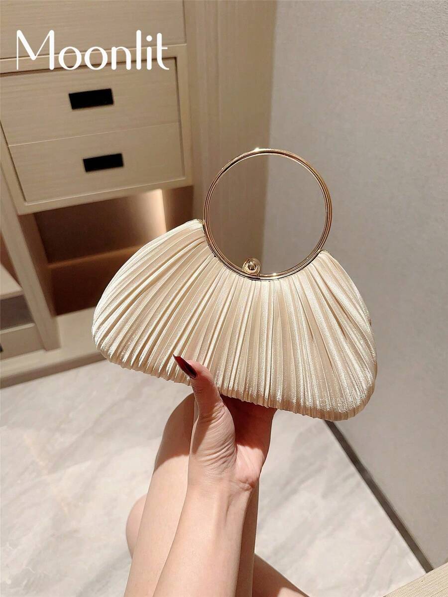 1pc Women's Elegant Pleated Box Design Party Handbag, Luxury Rhinestone Clutch, Charming Formal Evening Bag,Bride, Wedding Items, Gift For Her - Apricot - View 1