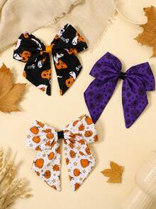 3pcs Halloween Bow Hair Clips For Girls, Pumpkin Maple Leaf Star Spider Web Ghost Boo Print Cute Hair Clips, Party Daily Hair Accessories - Multicolor - View 7