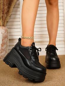 Women's Fashion Wedge Heel Thick Sole Lace-Up Breathable Square Toe Ballet Shoes - Black - View 7