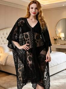 1pc Solid Color Elegant Floral Pattern Lace Hollow Out Shawl, Women's Summer Travel Sun Protection Beach Pullover V-Neck Wrap, Suitable For Vacation And Travel - Black - View 1