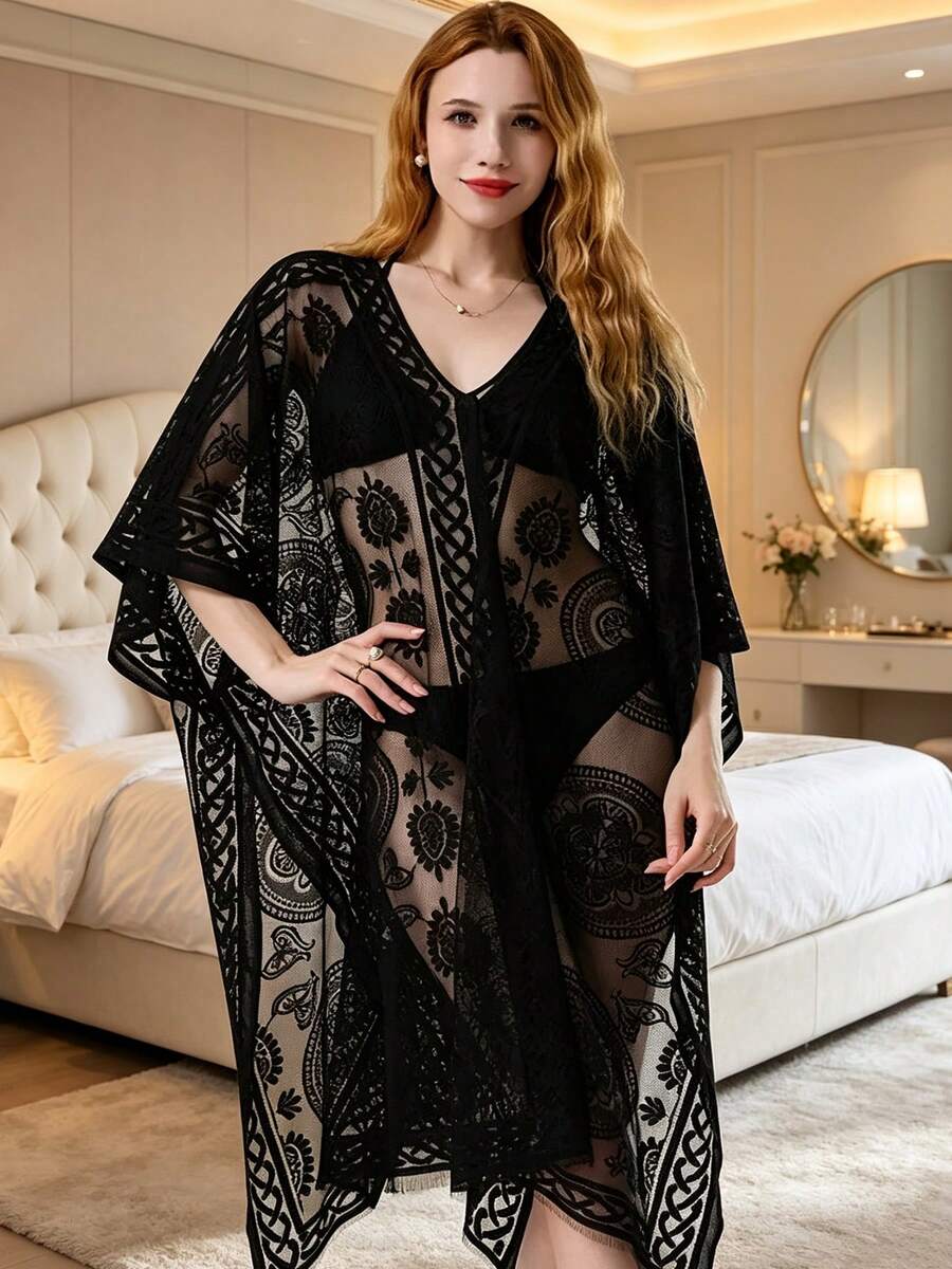 1pc Solid Color Elegant Floral Pattern Lace Hollow Out Shawl, Women's Summer Travel Sun Protection Beach Pullover V-Neck Wrap, Suitable For Vacation And Travel - Black - View 1