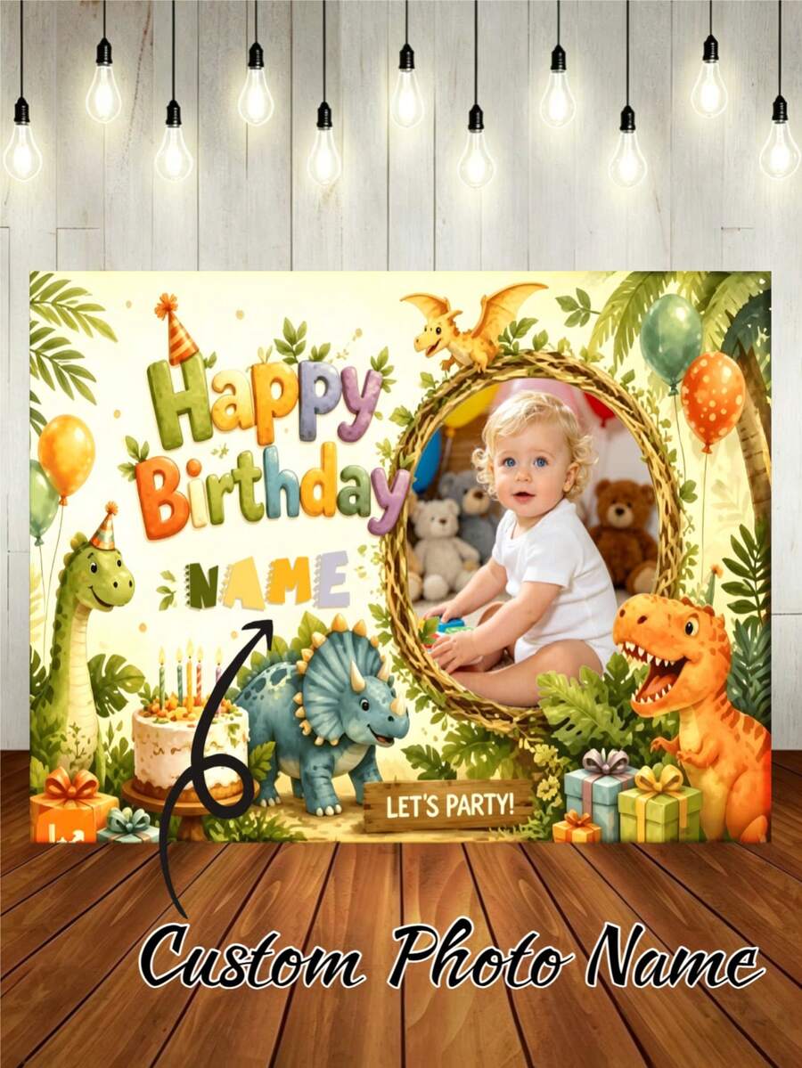 可客製化照片與姓名可愛卡通恐龍主題生日背景布，彩色禮物盒、氣球、蛋糕、暴龍、三角龍等多圖案設計，適用主題生日派對、蛋糕砸碎背景裝飾攝影橫幅乙烯基