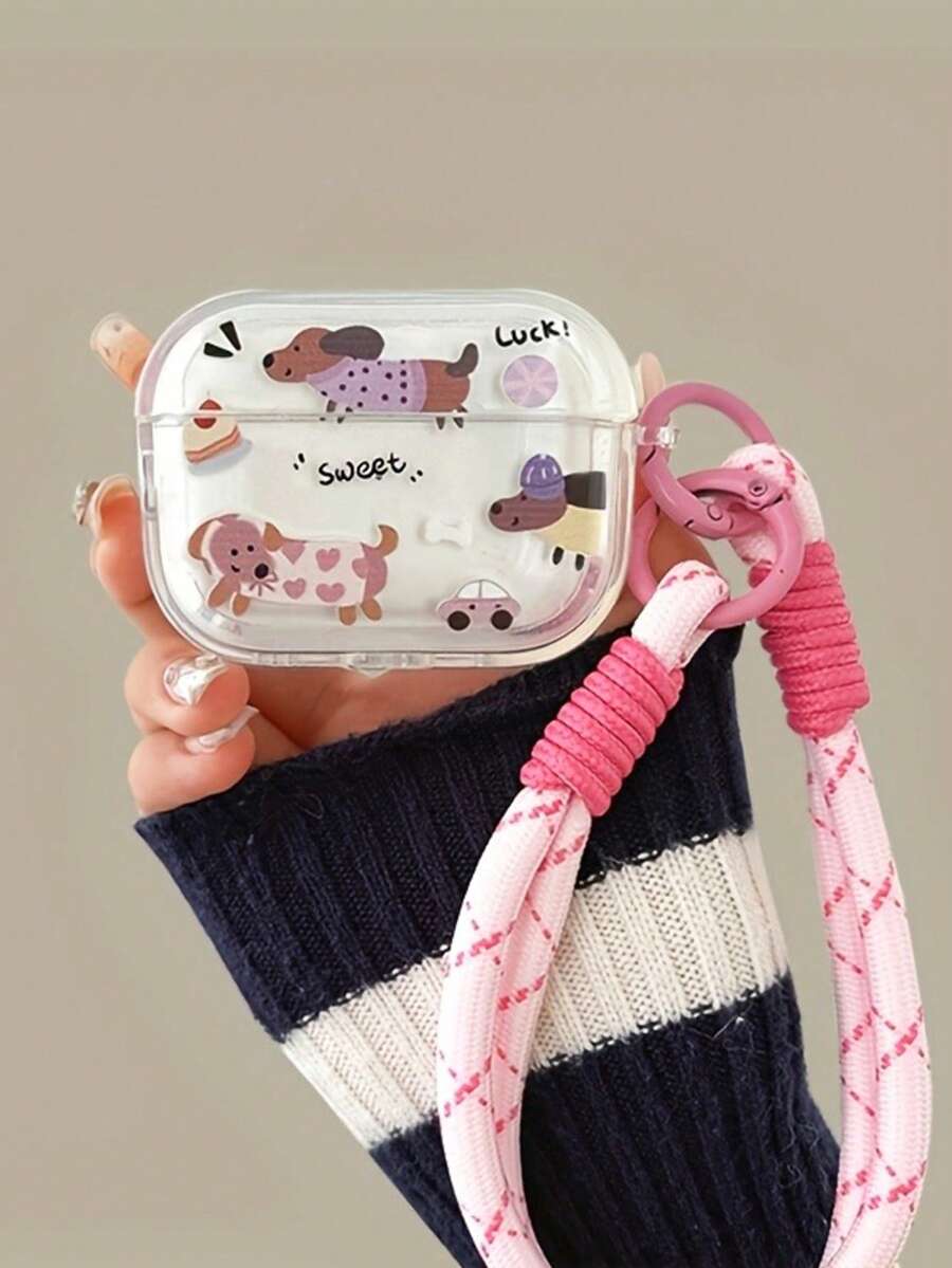 Cute Dachshund Dog Earphone Case/Protective Cover For 1/2/3 Generation, For Pro, For Pro2, For 4, 1 Protective Shell With 1 Hanging Chain - Lucky Dachshund + Pink Rope - View 1