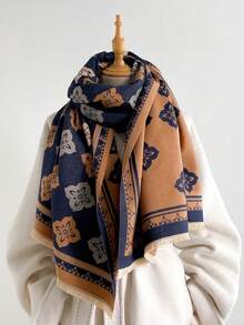 1pc Double-Sided Vintage Frame Geometric Faux Cashmere Shawl Scarf With Tassels, Old Money Style, Autumn/Winter Commute Neck Warmer, Daily Outing Matching - Brown - View 5