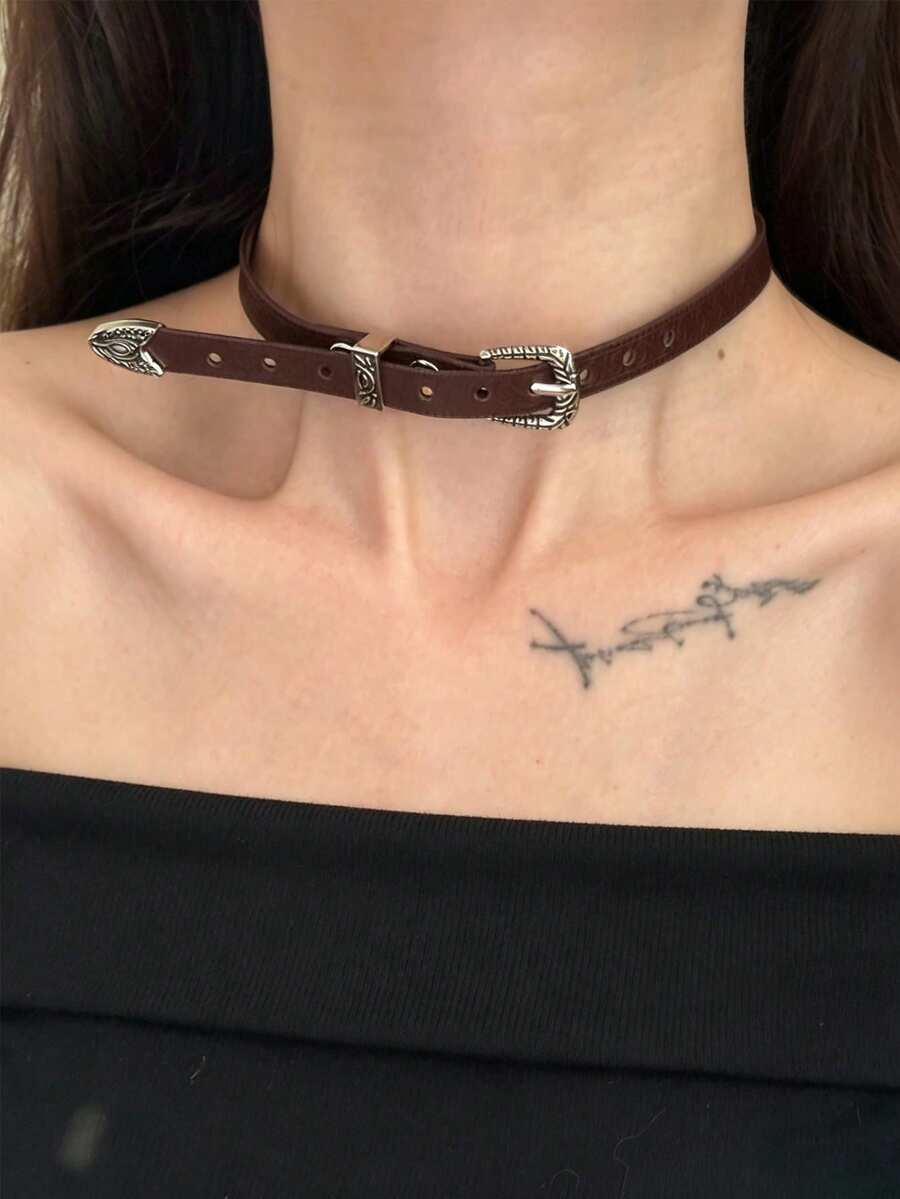 1件復古做舊頸鍊，深色龐克風領圈鏈條，女款日常配戴 - 咖啡棕 - 查看 1