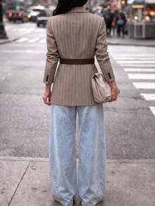 Autumn/Winter New French Style Premium Light Brown Vertical Striped Blazer With Detachable Wide Waist Belt, Slimming Mid-Length Commuter Jacket - Khaki - View 7