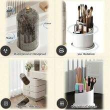 360° Rotating Sliding Cover Makeup Brush Storage Box With Card Slot 3-Compartment Drawer, Multi-Functional Dust-Proof Organizer For Bathroom, Vanity, Dorm - Multicolor - View 5