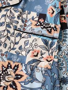 Women's Patchwork Floral Print 2 Pieces Pajama Set, Lapel Long Sleeve Top And Elastic Waist Long Pants, Soft Loungewear - Teal Blue - View 4