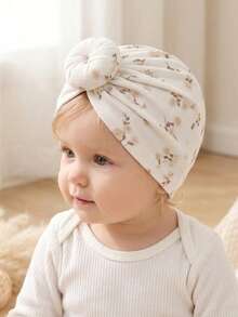 1pc Newborn Beige Bun Headband Fontanelle Protector Soft Cute Baby Headband Hat Set - Multicolor - View 4