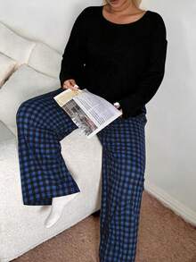 Women's Plus Size Plaid Print Long Sleeve Long Pants Loungewear Set, Autumn/Winter Clothing - Black - View 3