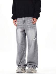 Men's Vintage Washed Distressed Structured Denim Jeans With Pocket - Light Grey - View 5