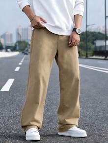 Teen Boy Loose Outdoor Sports Training Solid Color Height-Enhancing Straight Leg Pants - Khaki - View 5