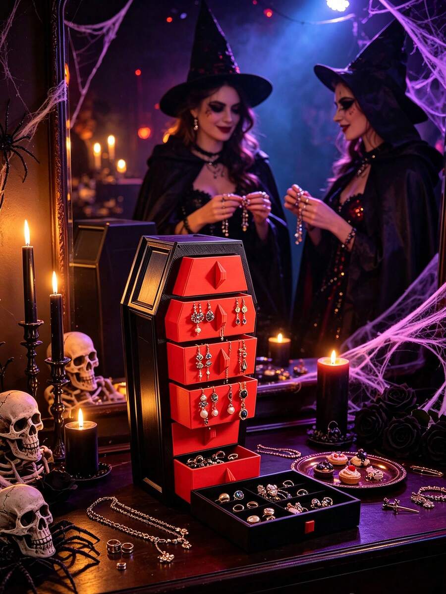Gothic Vintage Coffin Shaped Jewelry Box, Jewelry Storage Box, Jewelry Organizer Box, Halloween Vampire Theme, Christmas Gift, 6 Drawer Storage Box, Halloween Personalized Ring, Earring, Necklace Storage Box, Cool Gift - Multicolor - View 1