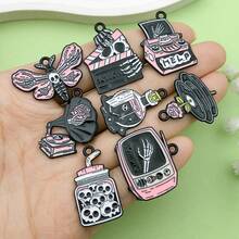 2/8pcs Black Gothic Enamel Charms Alloy Skeleton Moth Record Player Skull Pendant For DIY Halloween Bracelet Necklace Earring Jewelry Making Findings - Black - View 2