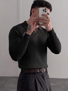 Men's Textured Vertical Ribbed Polo Collar Knit Sweater, Black, Premium Business Style, Long Sleeve, Autumn/Winter, Layering Base Layer - Black - View 1