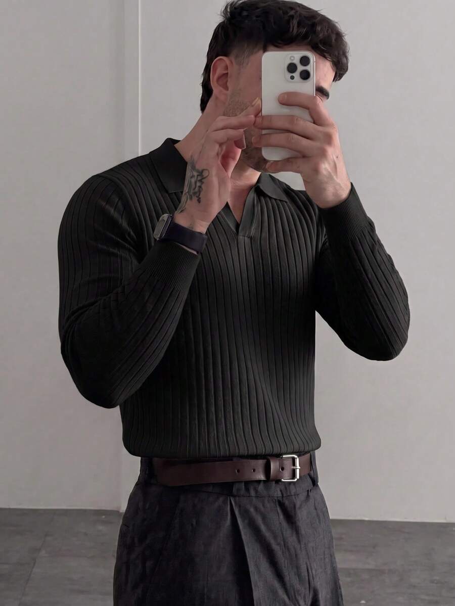 Men's Textured Vertical Ribbed Polo Collar Knit Sweater, Black, Premium Business Style, Long Sleeve, Autumn/Winter, Layering Base Layer - Black - View 1