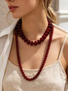 OABE Bộ 2 dây chuyền phong cách Bohemian màu đỏ rượu vang đính hạt, gồm hạt oval và hạt tròn, phù hợp cho nữ đeo hàng ngày - Màu Đỏ Sâu - Xem 8