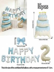 16件組生日氣球套裝，16英吋生日快樂字母氣球、60英吋立式蛋糕鋁箔氣球、40英吋奶油色0-9數字鋁箔氣球、藍色蝴蝶結氣球，適用於生日派對、嬰兒洗禮裝飾 - 淺藍色 - 查看 5