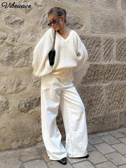 VIBEWAVE Cream V-Neck Waffle Knit Short Lantern Sleeve Loose Sweater Women French Lazy Relaxed Style Early Autumn Travel Store Visit Casual Street Style Outfit