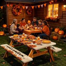 3 Pieces Picnic Tablecloth Set With Bench Cover, Elastic Edge Design, Halloween Pattern, Washable Rectangular Tablecloth, Suitable For Weddings, Camping, Picnics, Garden Parties And More, Practical Essential - E - View 5