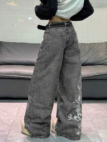1件韓式街頭風女款刺繡寬腿鬆身長褲，舒適四季牛仔長褲（本產品不含腰帶/配件） - 淺灰色 - 查看 7