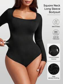 Bodysuit Wanita Warna Polos Tanpa Jahitan, Leher Persegi, Semi-Bodycon, Lengan Panjang, Pinggang Bergaris - Hitam - View 6