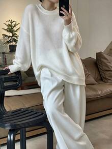 Fall Slouchy Round Neck Long Sleeve Pullover Knit Sweater Loose Fit Casual Solid Color Thin - White - View 2