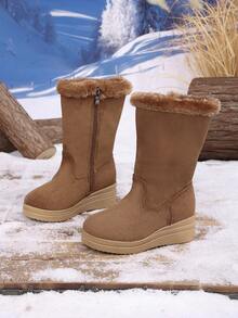 Children's Simple Colorblock Thermal Lined Warm Outdoor Snow Boots Mid-Calf, Comfortable And Warm - Brown - View 1