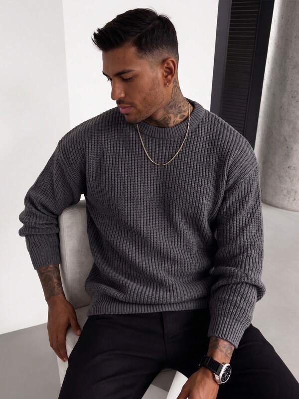 Men's Autumn/Winter Basic Solid Color Casual Fitted Lightweight Sheer Polyester Pique Texture Niche Design Long Sleeve Drop Shoulder Crew Neck Pullover Sweater