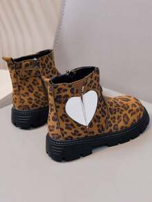 Leopard Print Heart Patchwork Children's Short Boots, Girls' Autumn/Winter New Style Thermal Lined Warm Boots With Side Zipper And Anti-Slip Sole - Brown - View 7