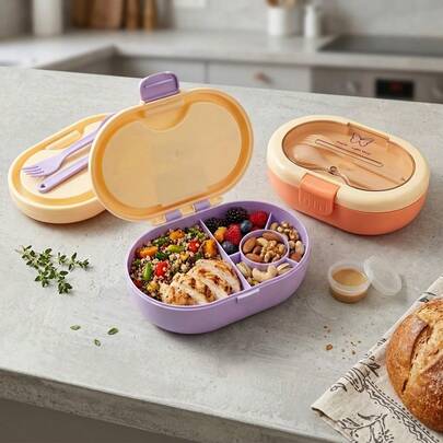 Bento-Box für Erwachsene, PP-Kunststoff Lunchbox, Meal-Prep-Behälter mit Fächern, Snack-Behälter mit Deckel, Salatbehälter für Mittagessen, ovale unterteilte Lebensmittelaufbewahrungsbehälter, mit Gabel, Löffel und Saucenbox, auslaufsicher, für Reisen, Studenten und Schule