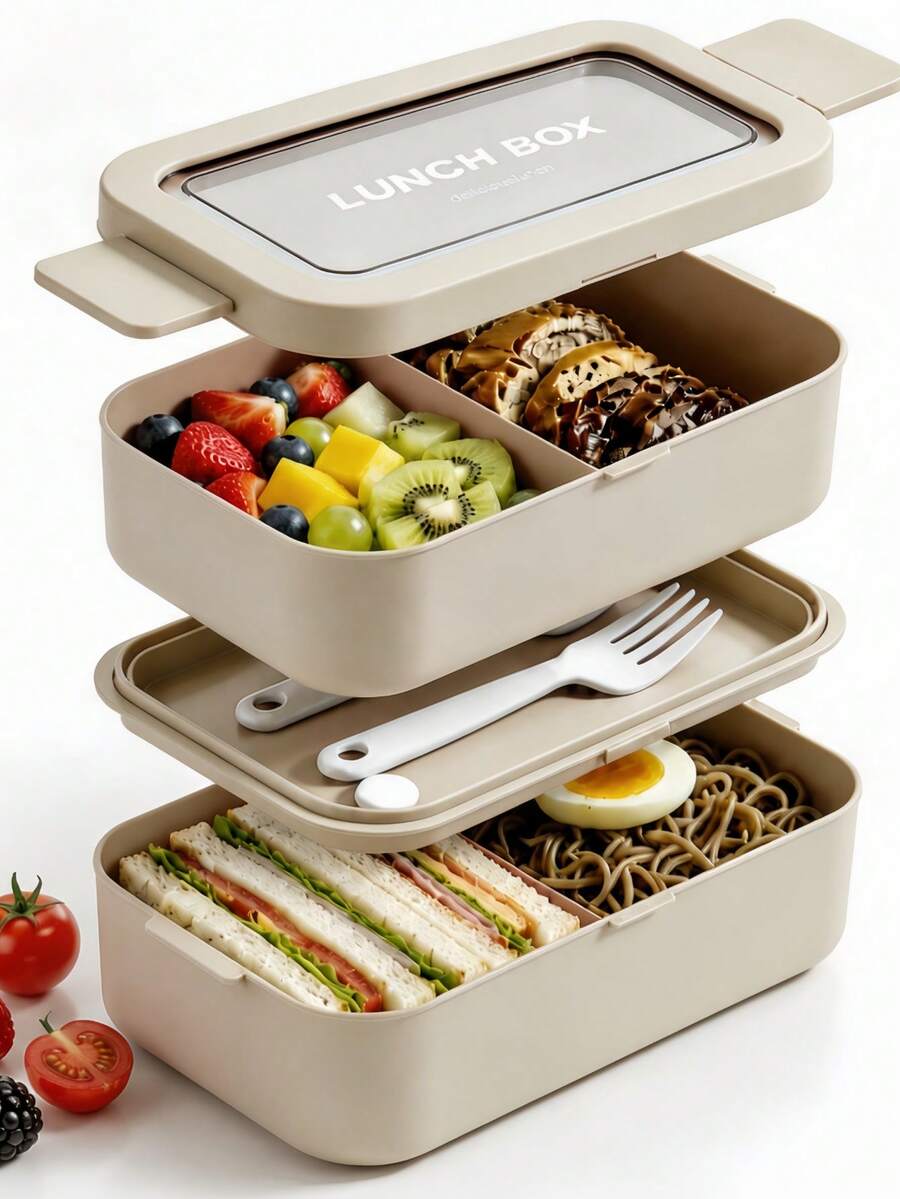 Adult Double-Layer Bento Box Set, Leak-Proof, With Utensils, Stackable Lunch Box, Christmas, Birthday, Holiday Gift, Suitable For Dinner Meal Prep, Work, Outdoor Picnic, School, Back To School Essential, Kitchen Accessory (Beige + Pink)