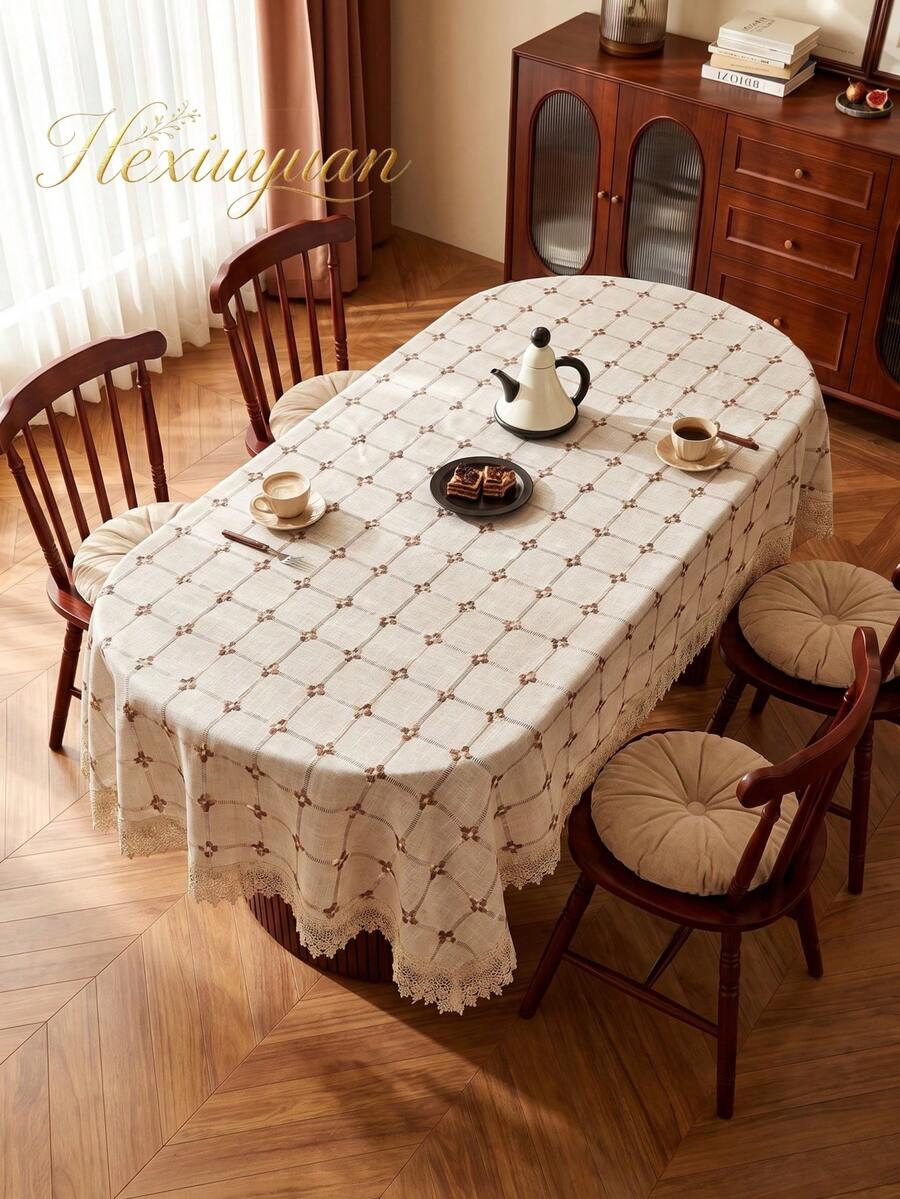 HXARTMIS 1PC Grey Linen Plaid Embroidered Linen Texture Tablecloth, Hollow Wave Lace Trim Rectangular Table Cover, Country Vintage Style Dining Table Decor, Suitable For Indoor, Outdoor, Wedding, Patio, Tea Party Scenes