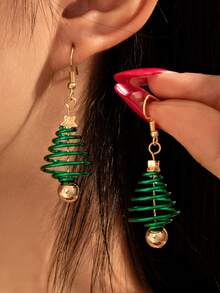 2pcs Christmas Creative Multi-Layer Spring Star Earrings, Fashion Christmas Tree Stud Earrings, Fashion Spiral Christmas Tree Dangle Earrings, Gold-Plated Green Enamel Star Top Dangle Earrings, Holiday Party Jewelry Designed For Women - Multicolor - View 2
