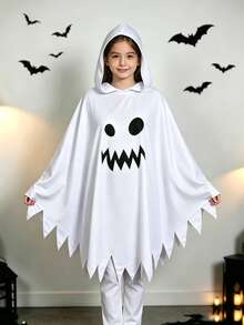Halloween White Ghost Hooded Cloak Costume, Scary Ghost Face Distressed Cape, Cosplay Outfit, Suitable For Carnival, Masquerade Ball, Haunted House Party - Multicolor - View 1