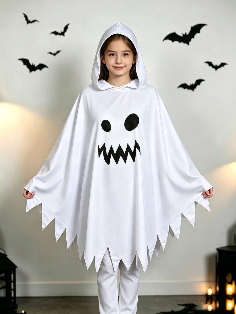 Halloween White Ghost Hooded Cloak Costume, Scary Ghost Face Distressed Cape, Cosplay Outfit, Suitable For Carnival, Masquerade Ball, Haunted House Party - Multicolor - View 1