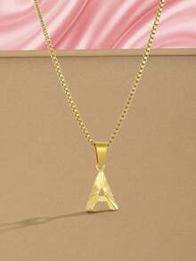 1pc Gold Tone A-Z Initial Letter Pendant Necklace Textured Box Chain Y2K Jewelry For Girls Boys Daily Wear School Party Vacation Style - Gold - View 9