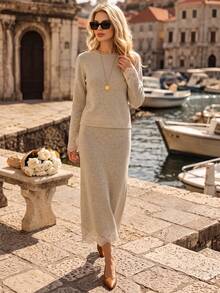 Bộ 2 món len dệt cho nữ mùa thu gồm áo len tay dài viền ren và chân váy midi - Màu Khaki - Xem 7