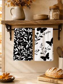 2PCS Kitchen Towels Black & White Floral Butterfly Pattern, Minimalist Style Super Fine Fiber Material Soft Kitchen Towels Dish Cloths, Hand Towels, Tablecloths, Kitchen Decor, Kitchen Cleaning, Bathroom Cleaning, Holiday Party Decor, Kitchen & Bathroom Supplies Home Essentials, Home Decor, Housewarming Gift - Black and White - View 10