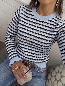 Women's Colorblock Horizontal Striped Knit Pullover, Round Neck Long Sleeve Sweater, Ruffle Flare Cuffs, Textured Wavy Stripes, Fresh And Gentle - Blue and White - View 3