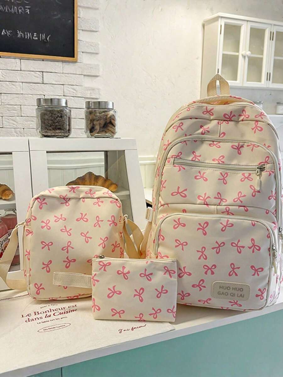 Back To School Bowknot Print Laptop Backpack, Large Capacity Multi-Functional Travel & Shopping Bag Suitable For Various Occasions - Pink - View 1