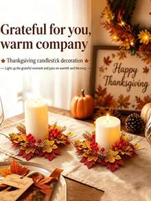 Autumn Candle Wreath With Artificial Maple Leaves And Red Berries, Mixed Autumn Colors Tabletop Candle Holder Decoration, Yellow Orange Red Color Scheme, Round Candle Wreath, Suitable For Christmas, Thanksgiving, Wedding, Home, Dining Table And Party Decoration - Multicolor - View 1
